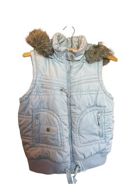 Y2K Deb Light Gray Puffer Vest with Fur Trimmed Hood